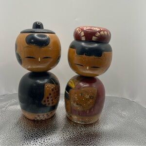 Pair of Vintage Japanese Wooden Kokeshi Dolls boy amd girl 4-5”h turnable head